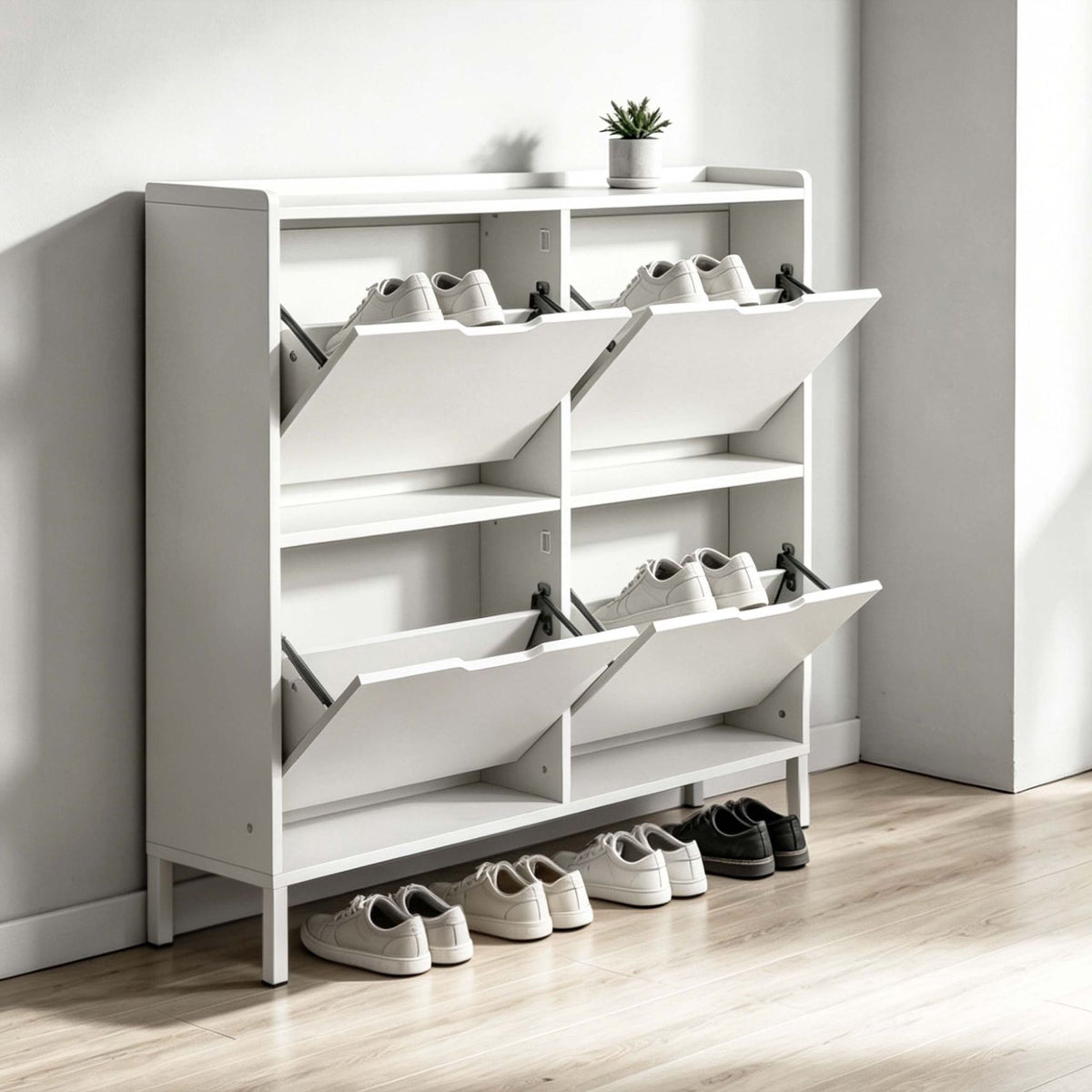 White Slim Shoe Cabinet with 4 Compartments, Space-Saving