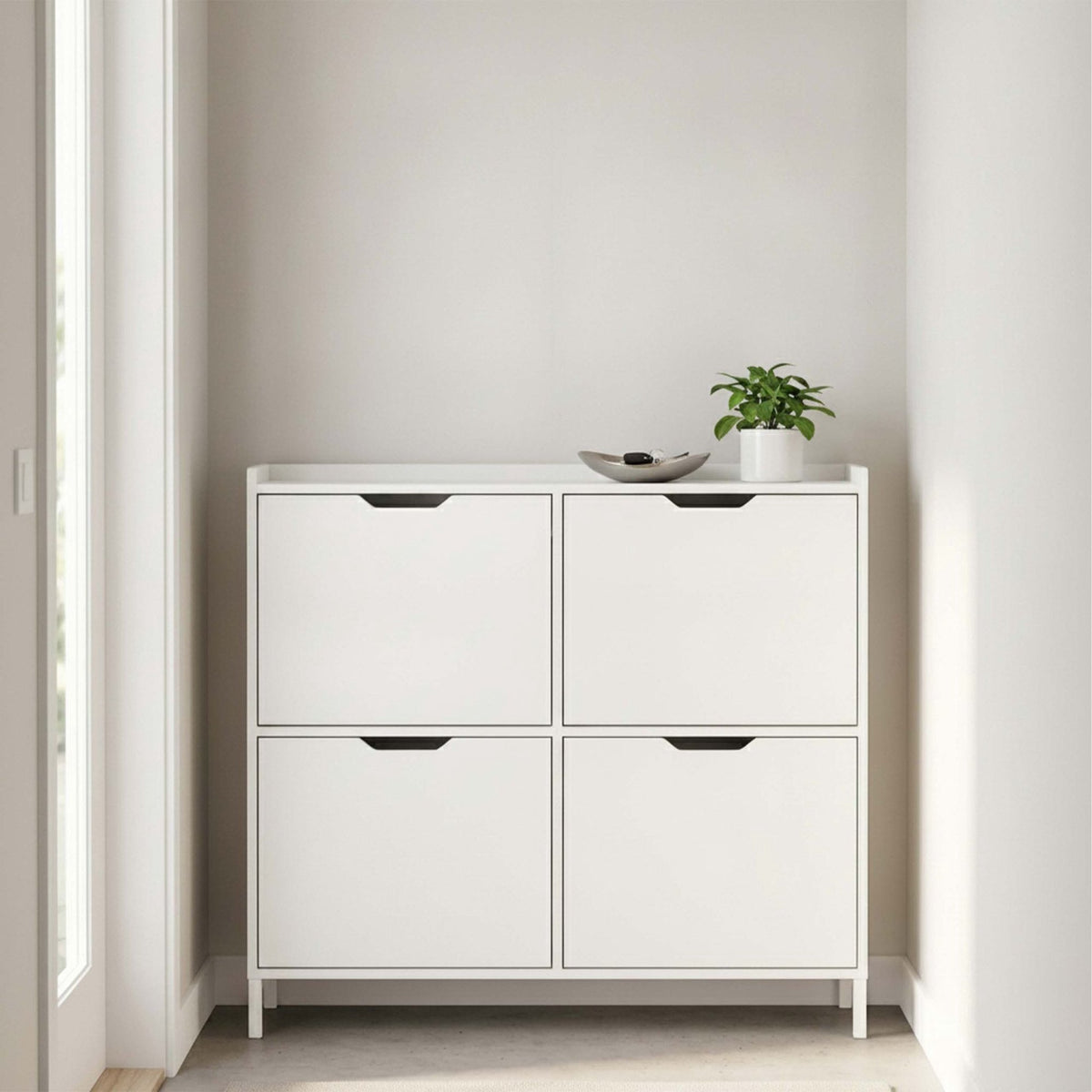 White Slim Shoe Cabinet with 4 Compartments, Space-Saving