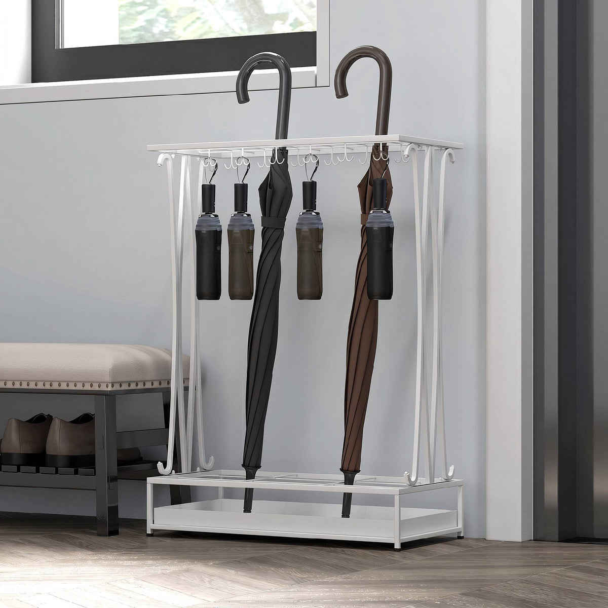 White Steel Umbrella Stand with Drip Tray and 24 Hooks