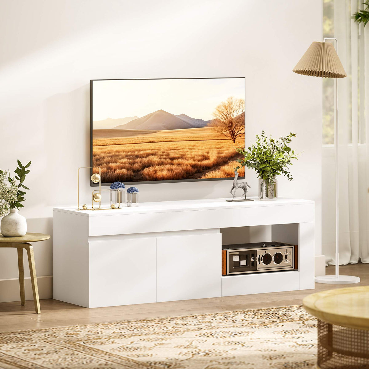 White TV Stand with Doors and Shelf for 60-Inch TVs