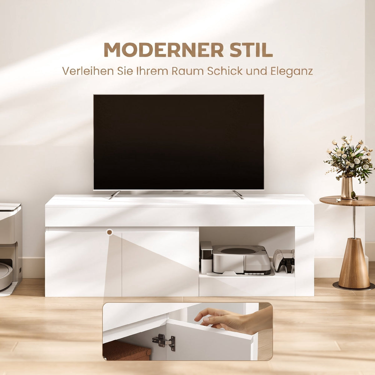 White TV Stand with Doors and Shelf for 60-Inch TVs