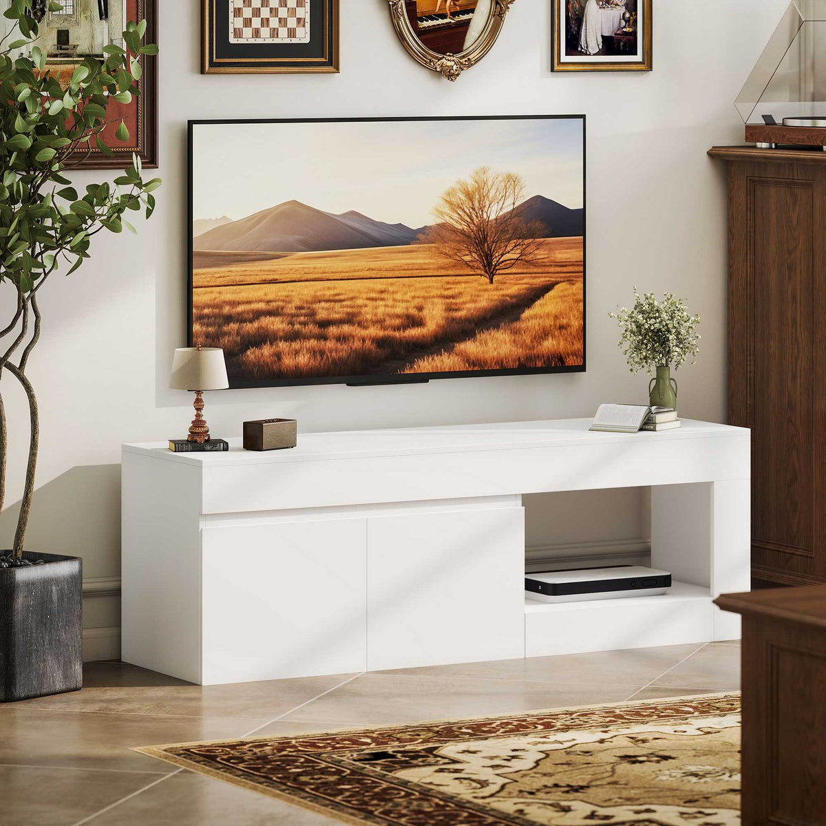 White TV Stand with Doors and Shelf for 60-Inch TVs