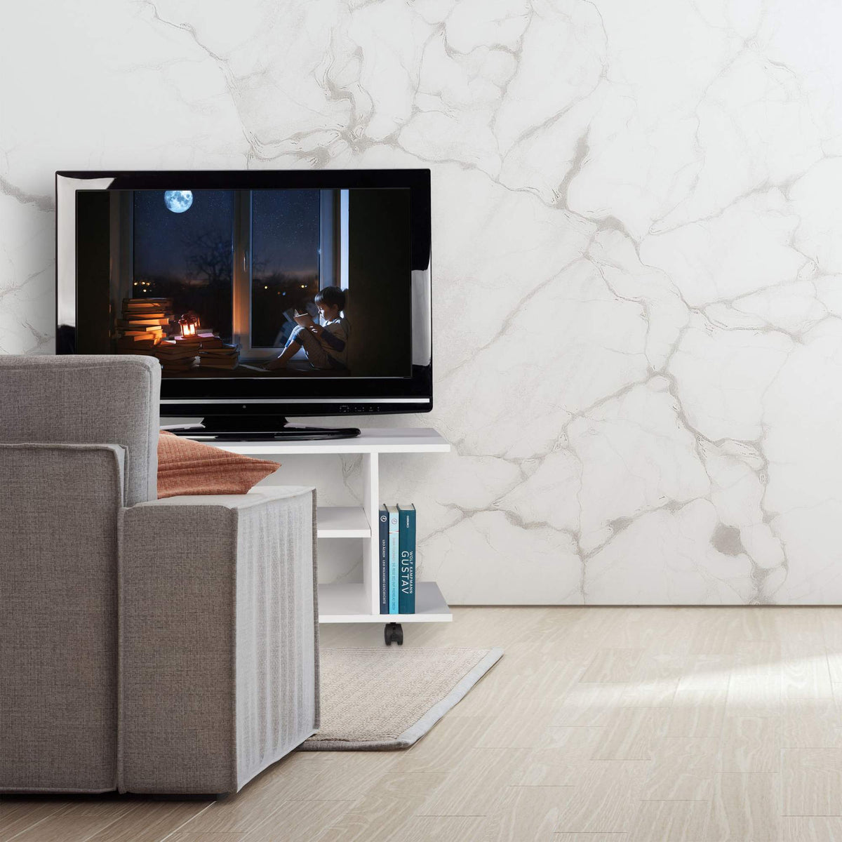 White TV cabinet on wheels