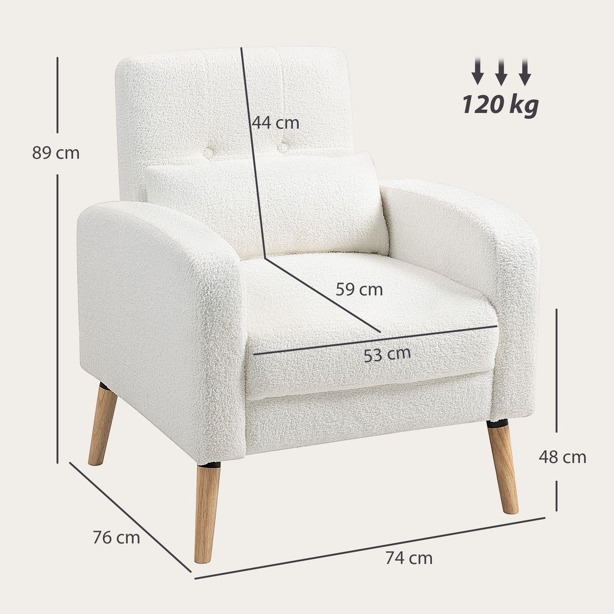 White Upholstered Armchair with Cushion, Rubberwood Legs