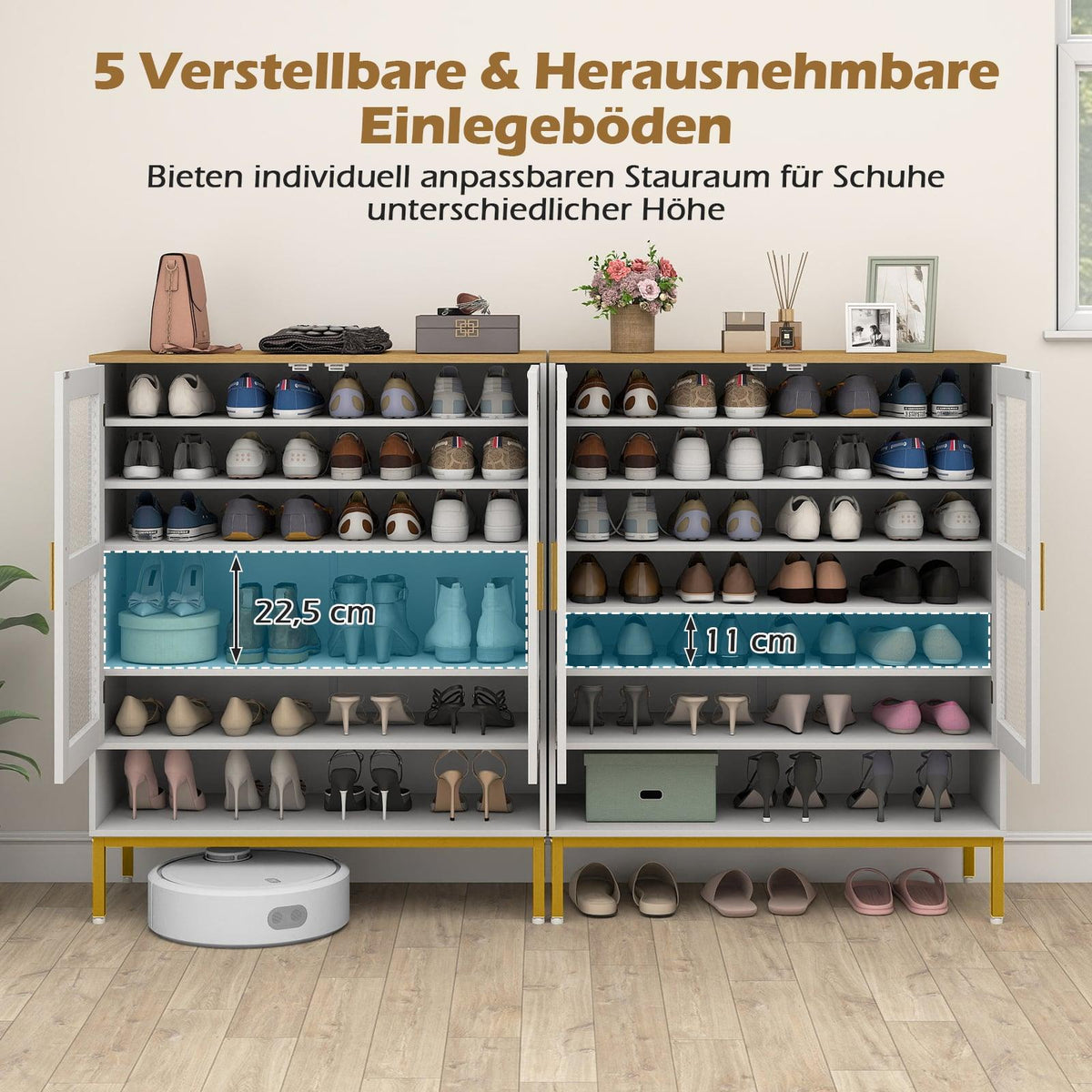 White Wooden Shoe Cabinet with Adjustable Shelves & Mesh Doors