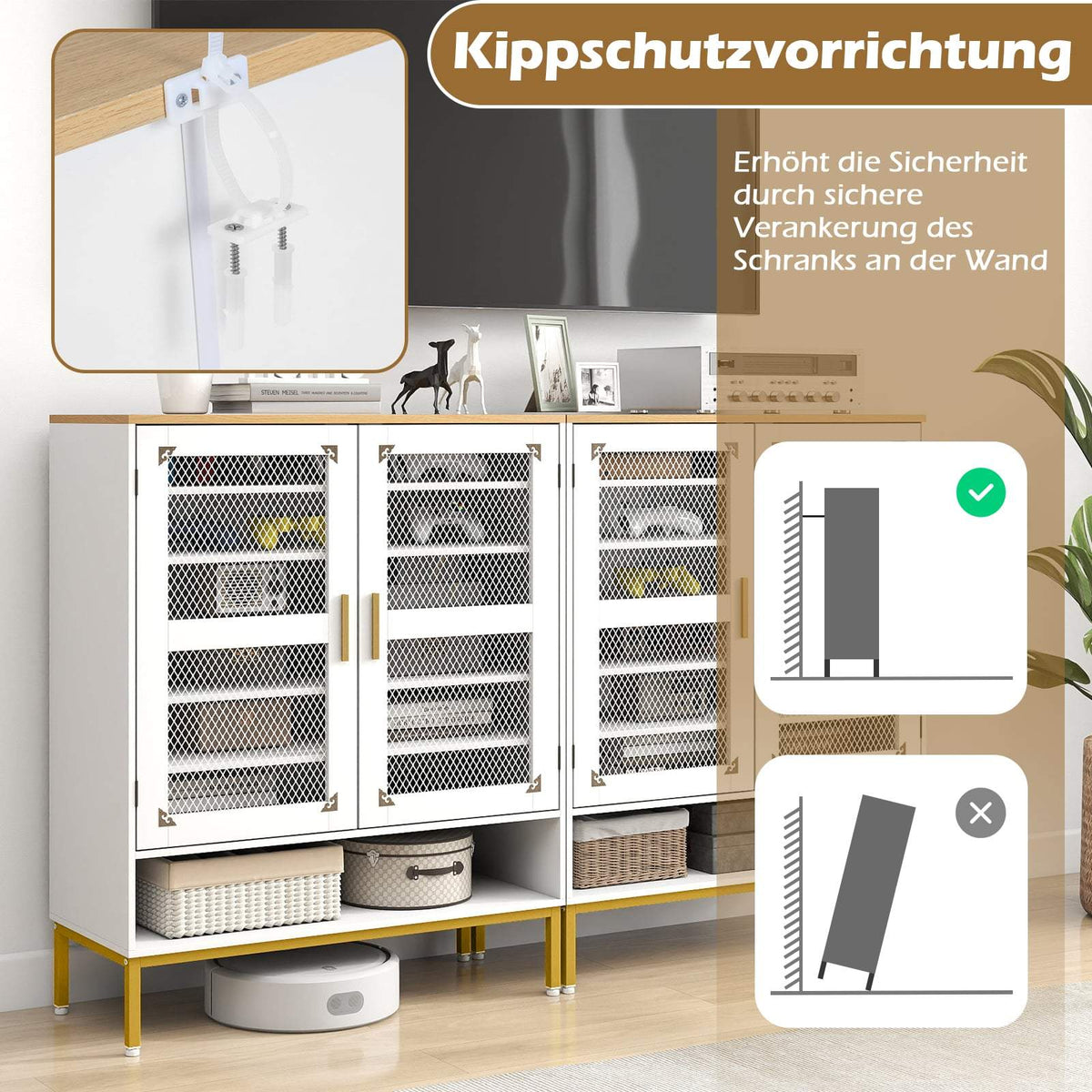 White Wooden Shoe Cabinet with Adjustable Shelves & Mesh Doors