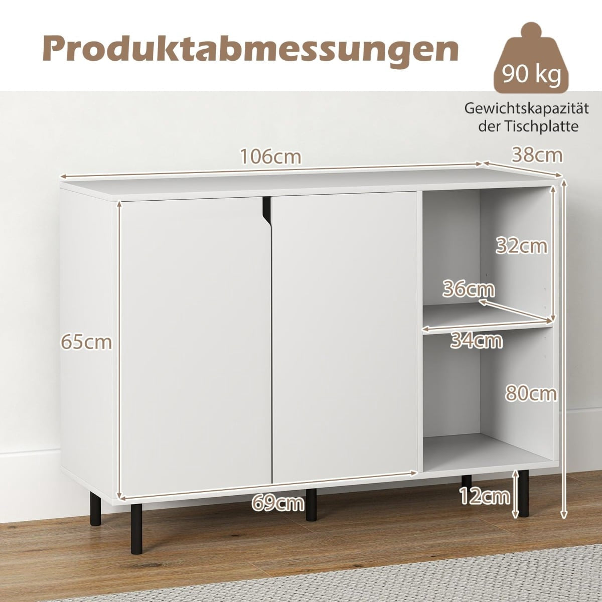 White Wooden Sideboard with Adjustable Shelves and Doors
