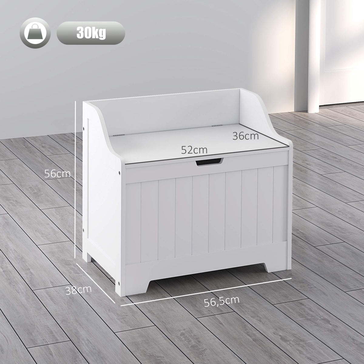 White Wooden Storage Chest with Lid, 61L Capacity