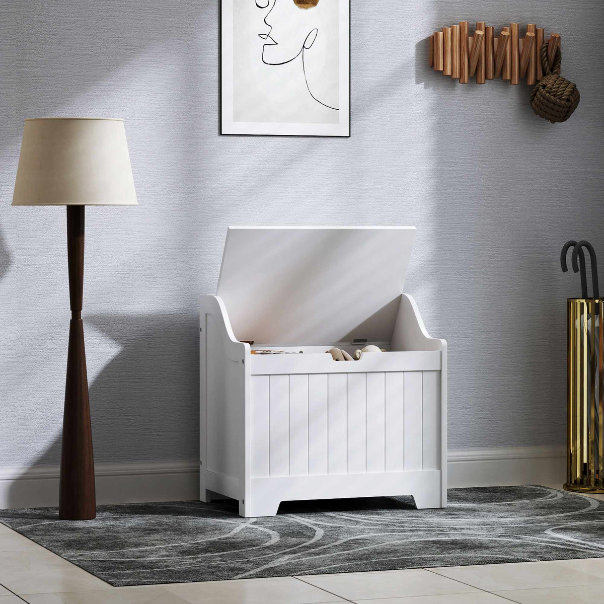 White Wooden Storage Chest with Lid, 61L Capacity