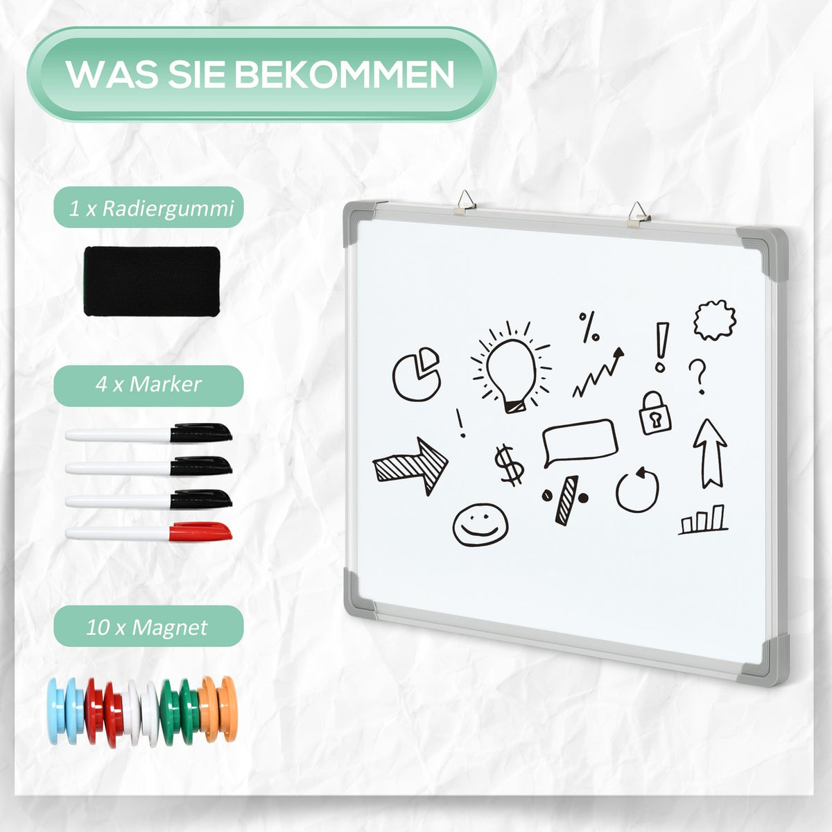 Whiteboard Magnetic Board With 4 Markers, 1 Eraser, 10 Magnets, Easel, Wall Mounted, 60X1.8X45Cm