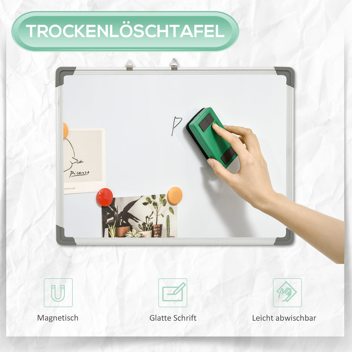 Whiteboard Magnetic Board With 4 Markers, 1 Eraser, 10 Magnets, Easel, Wall Mounted, 60X1.8X45Cm