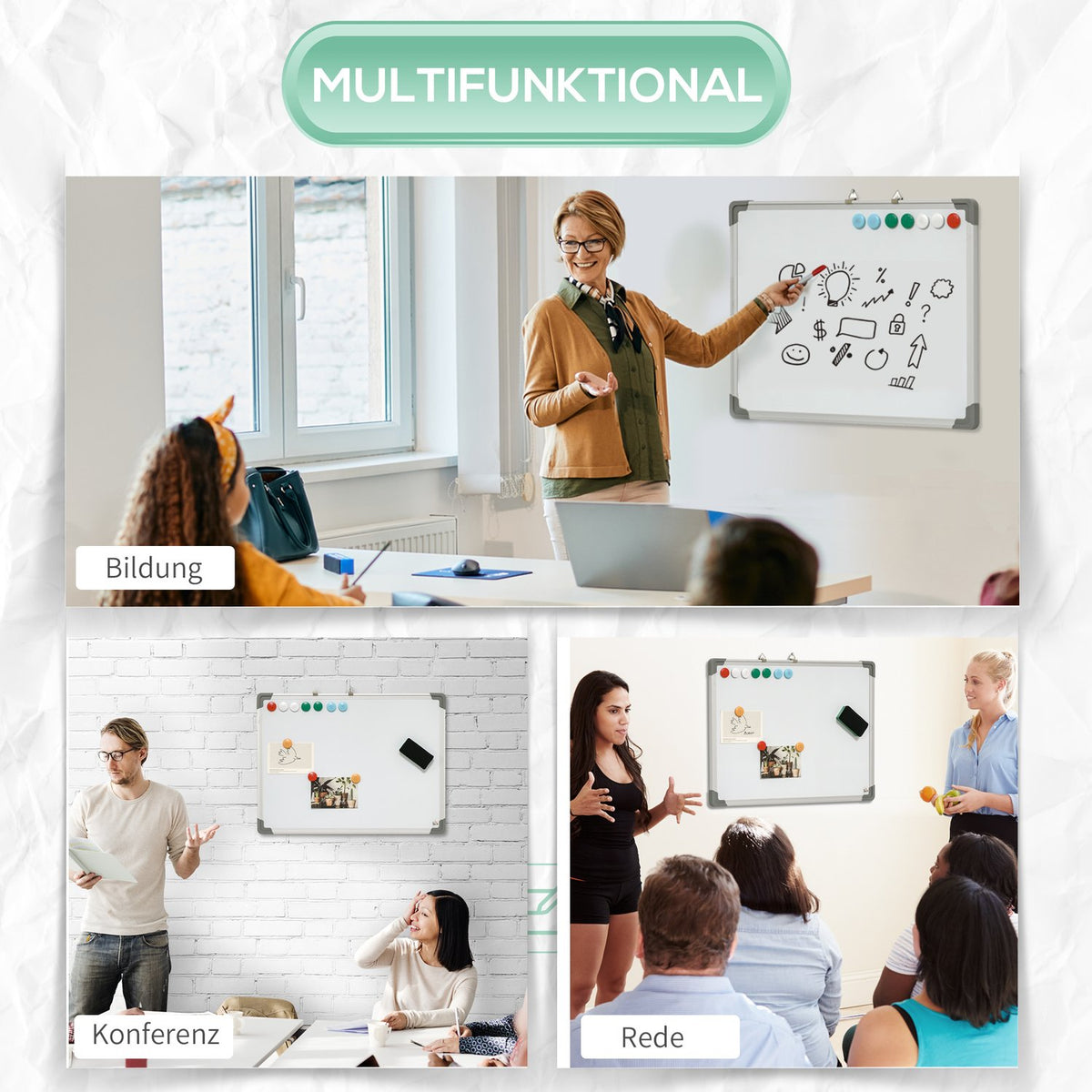 Whiteboard Magnetic Board With 4 Markers, 1 Eraser, 10 Magnets, Easel, Wall Mounted, 60X1.8X45Cm