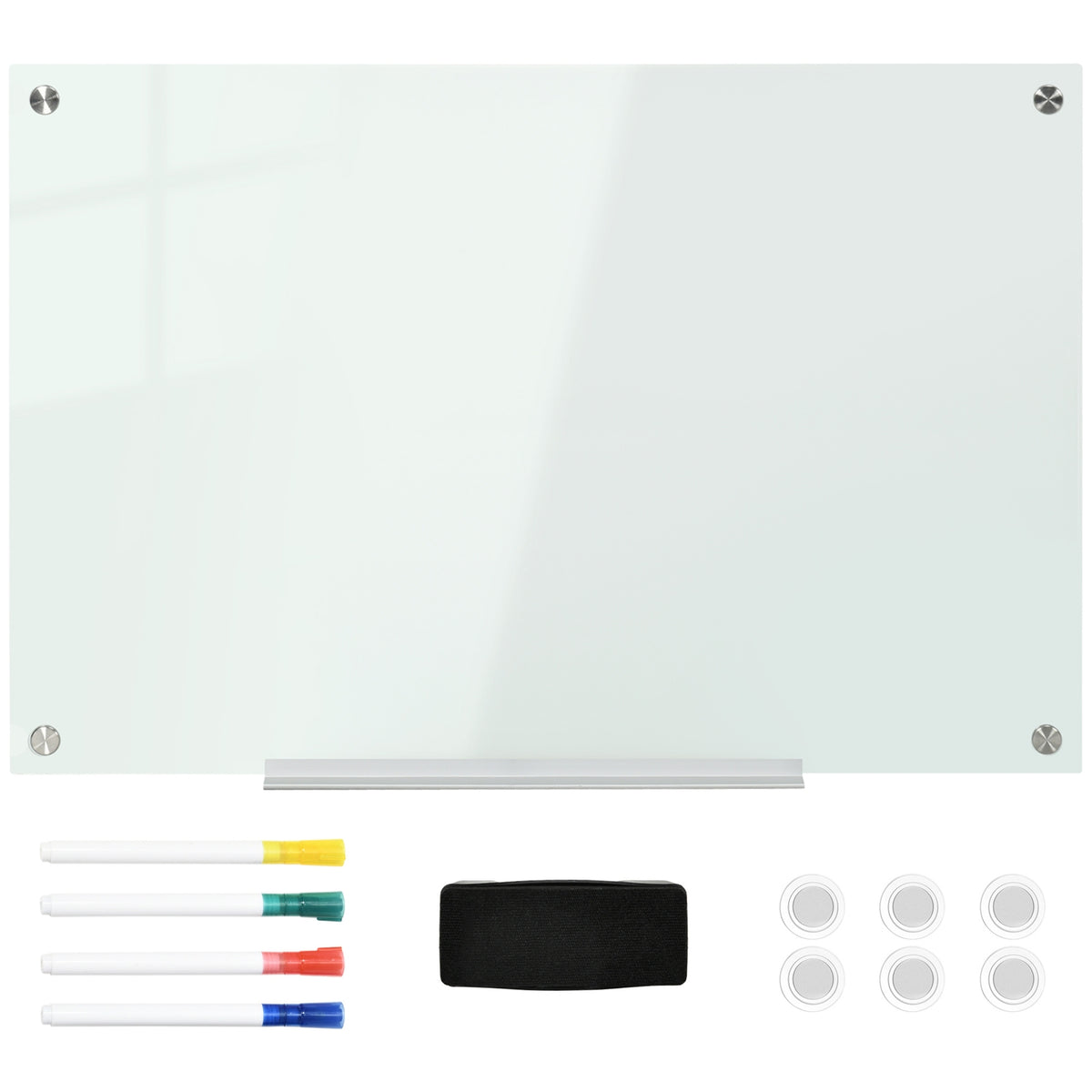 Whiteboard Magnetic Board With 4 Pens, 6 Magnets, 1 Sponge, Shelf, Easel Glass Board, Wall Mounting, 90X60Cm