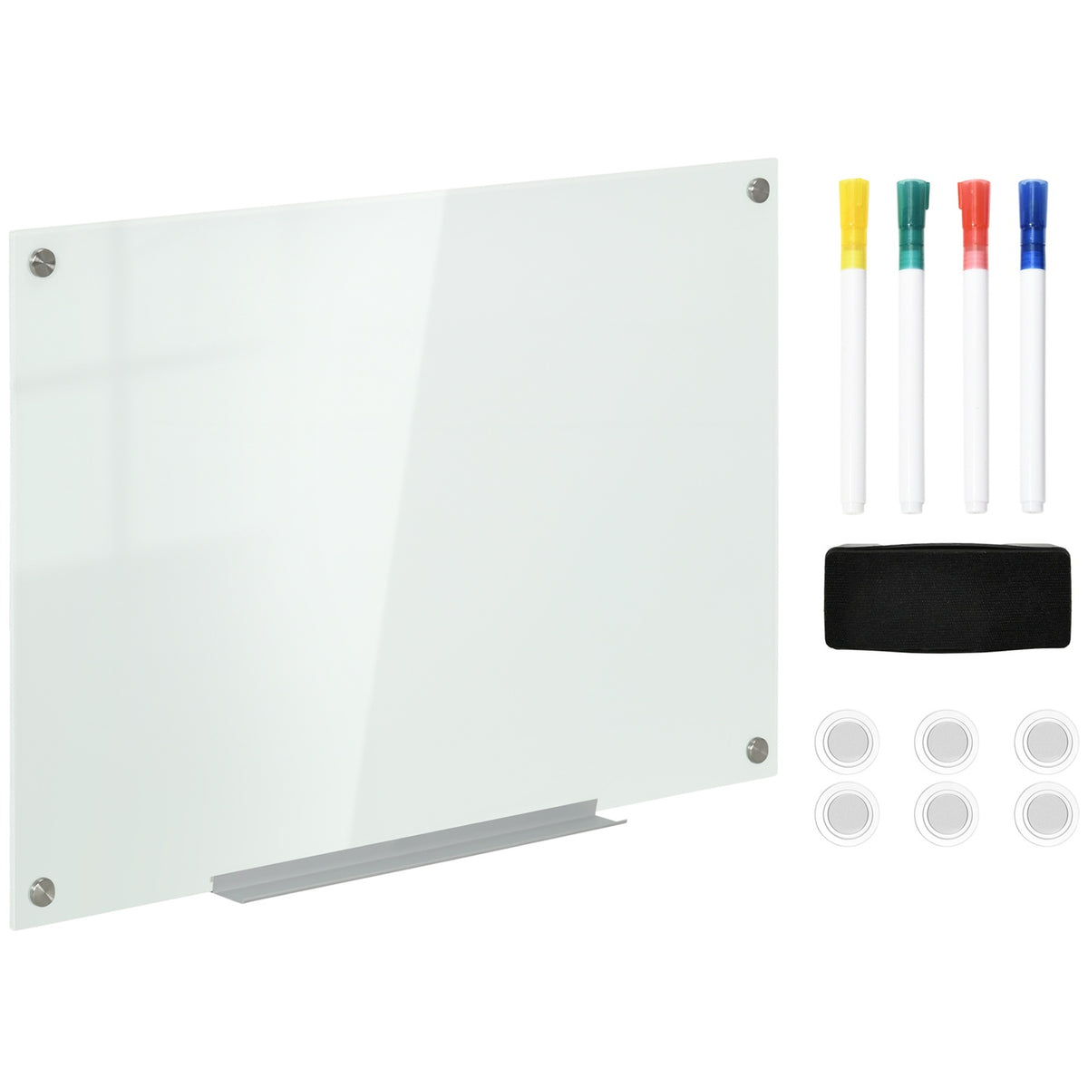 Whiteboard Magnetic Board With 4 Pens, 6 Magnets, 1 Sponge, Shelf, Easel Glass Board, Wall Mounting, 90X60Cm