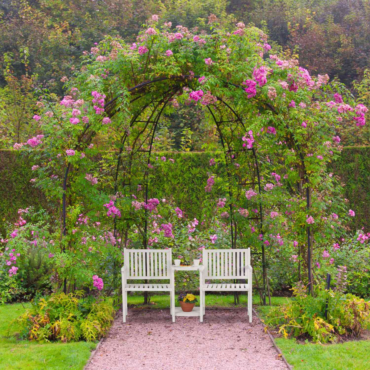 White garden bench with table