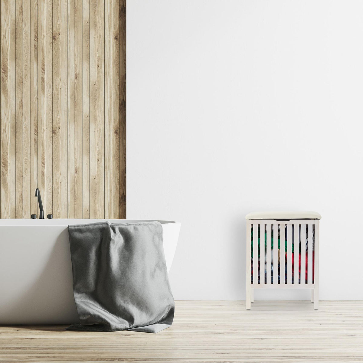 White laundry basket with seat