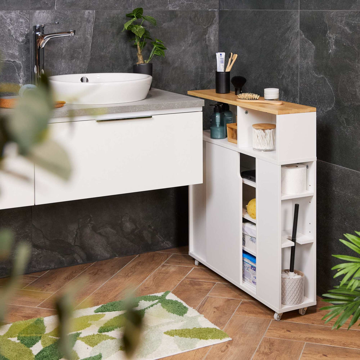 White niche cabinet with bamboo surface