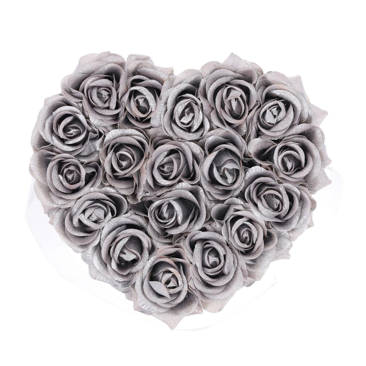 White rose box with 18 silver roses