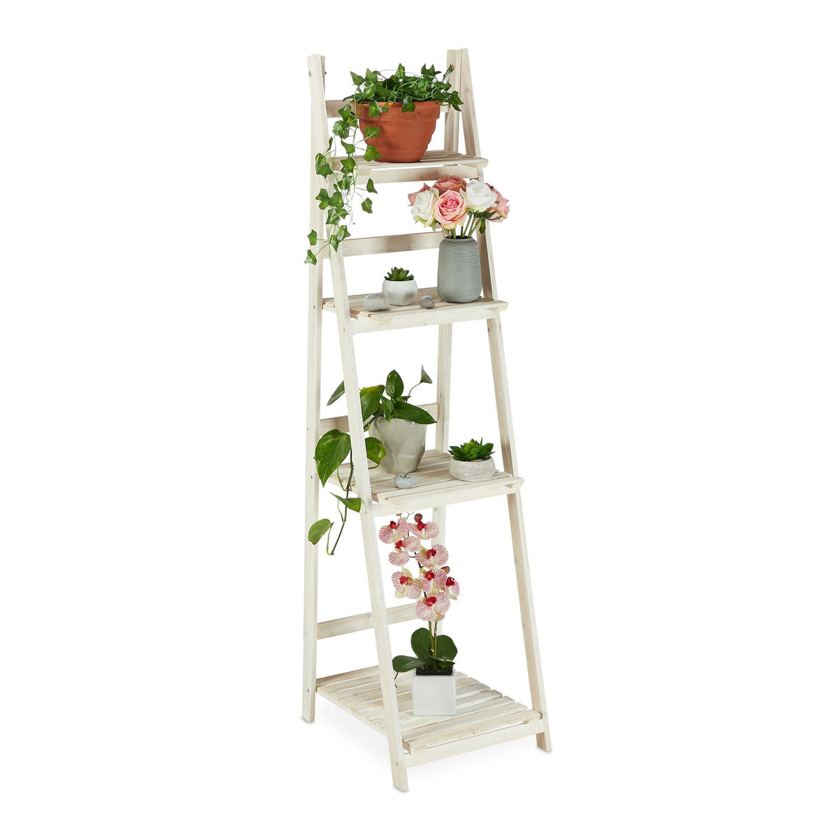 White stairs with wooden flowers