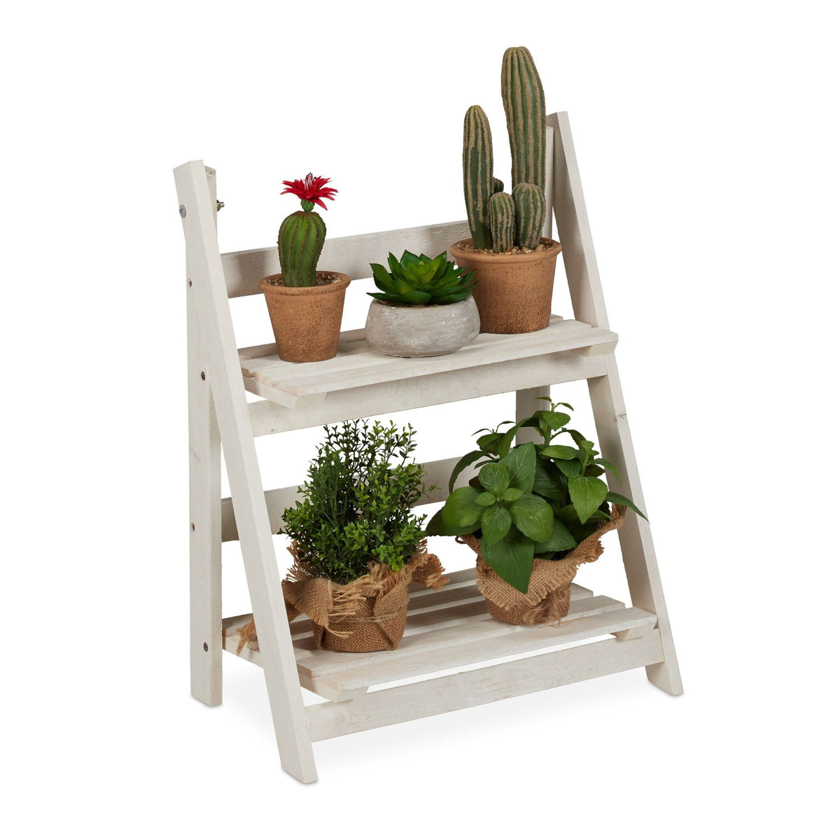 White stairs with wooden flowers