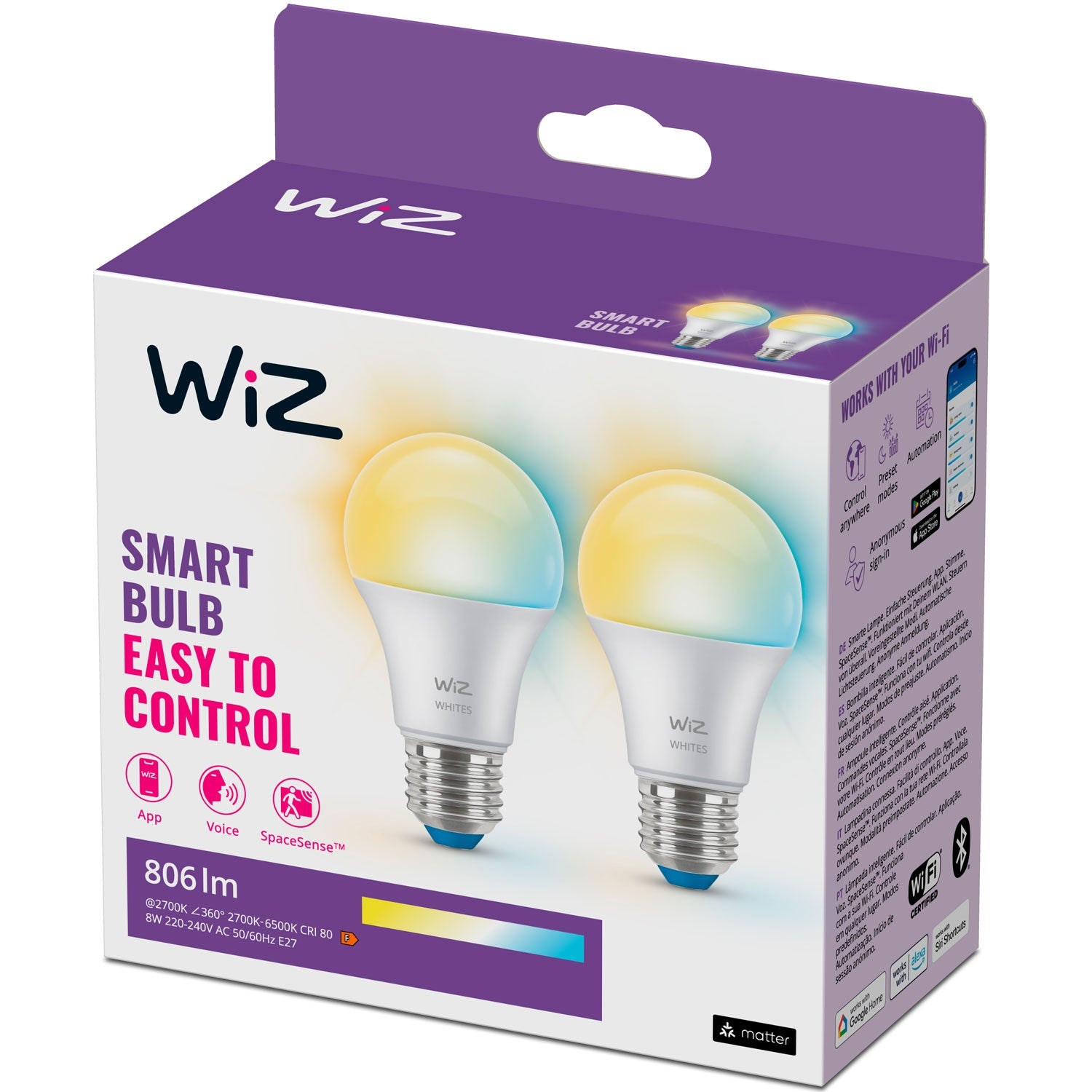WiFi Smart LED E27 60W 806lm Warm-cool white 2-pack