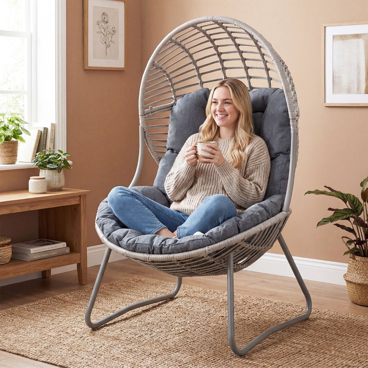 Wicker Egg Chair With Removable Cushions, Metal Frame
