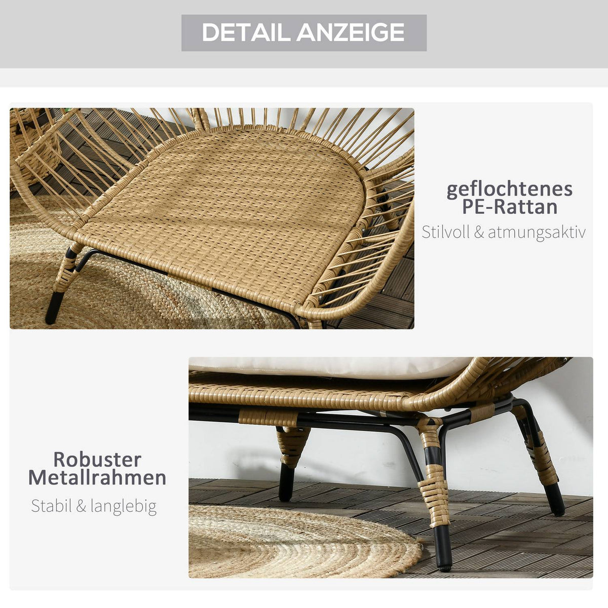 Wicker Rattan Chair Rattan Chair With Seat Cushion Raised Garden Chair For Balcony Patio Metal Khaki 105 X 97 X 150 Cm