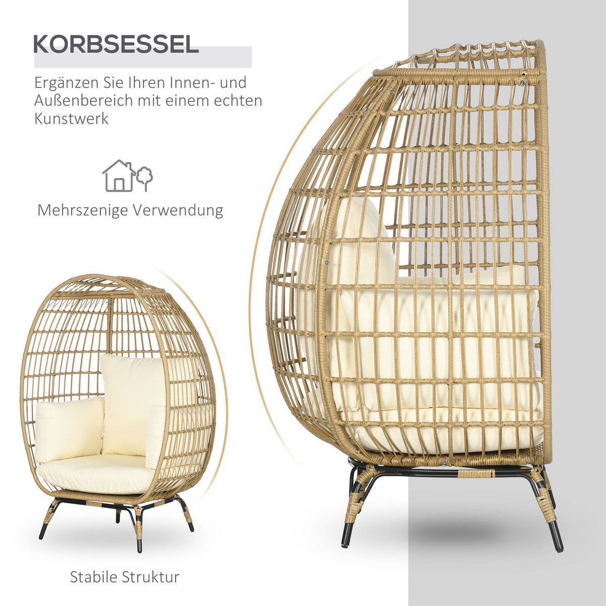 Wicker Rattan Chair Rattan Chair With Seat Cushion Raised Garden Chair For Balcony Patio Metal Khaki 105 X 97 X 150 Cm