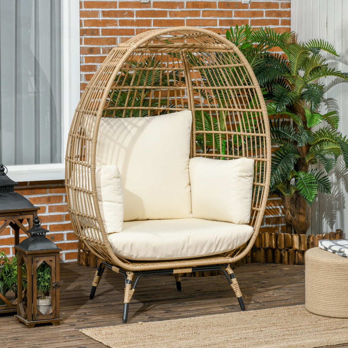 Wicker Rattan Chair Rattan Chair With Seat Cushion Raised Garden Chair For Balcony Patio Metal Khaki 105 X 97 X 150 Cm