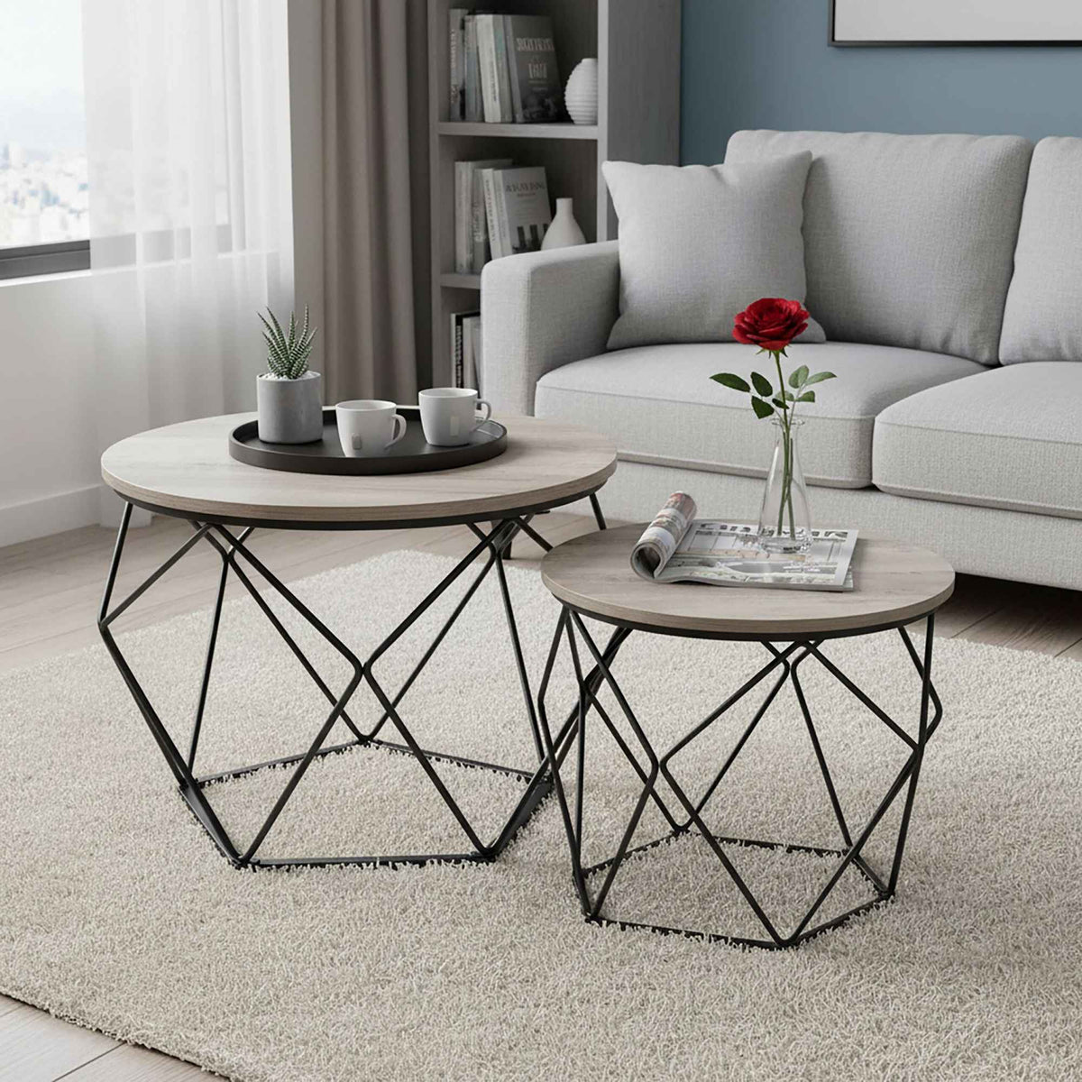 Wicker Side Tables Set, Removable Tray Tops, 2 Pieces