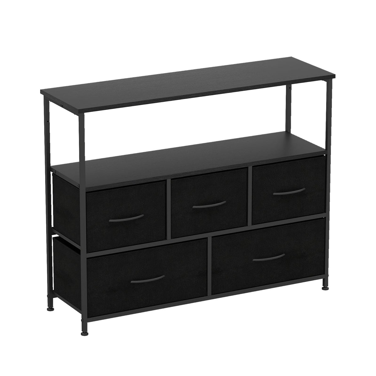 Wide Black Dresser with 5 Drawers & 2 Open Shelves