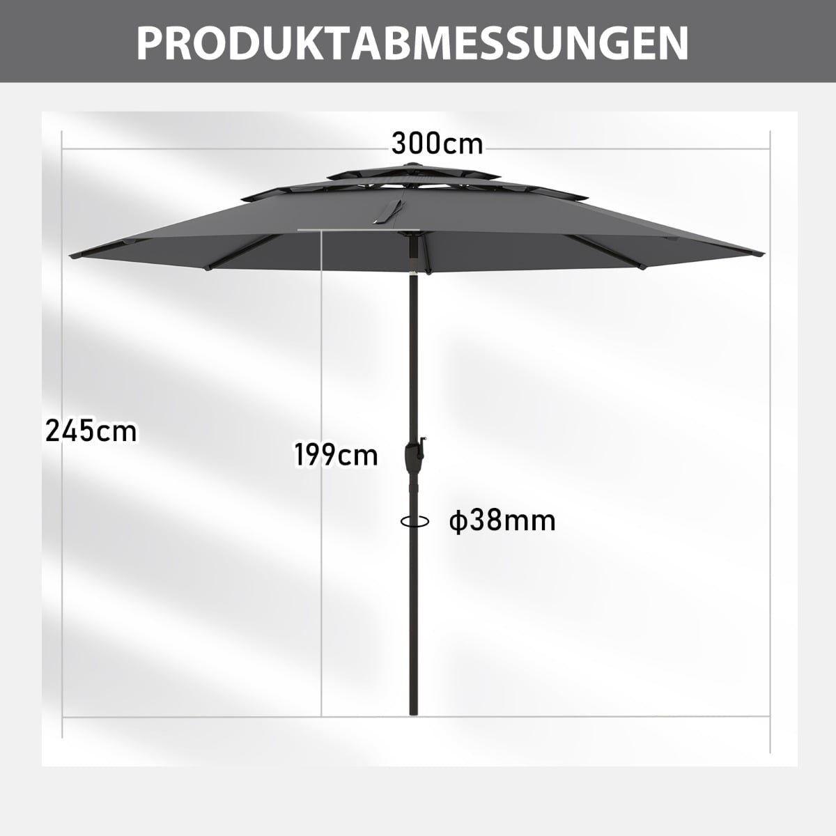 Wind-Resistant Patio Umbrella, 300 cm, Crank Tilt, Grey
