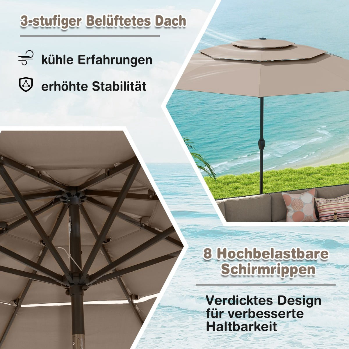 Wind-Resistant Patio Umbrella, 300 cm, Tilt & Crank, Beige