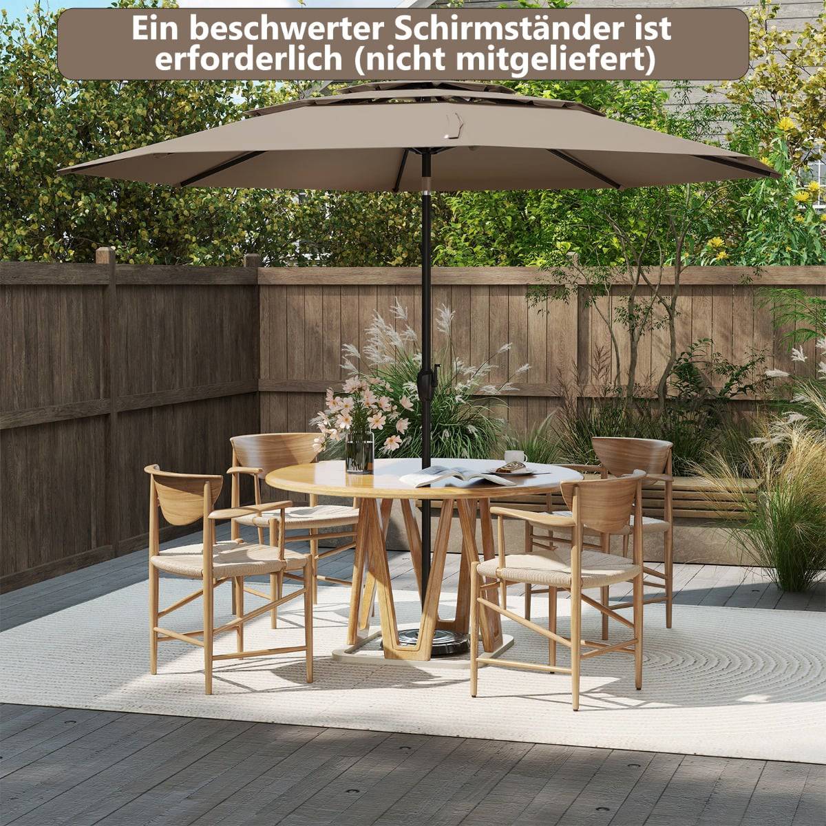 Wind-Resistant Patio Umbrella, 300 cm, Tilt & Crank, Beige