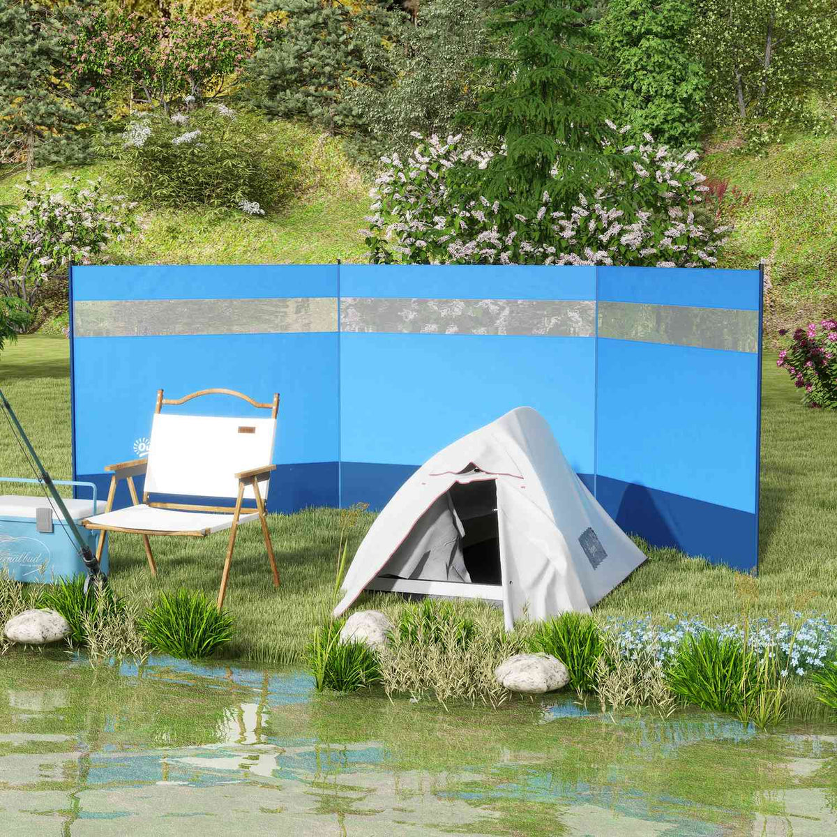 Wind protection foldable camping privacy screen with light source window pegs ropes windbreak fence beach wind protection beach protection for camping garden, beach, terrace 440 x 140 cm blue