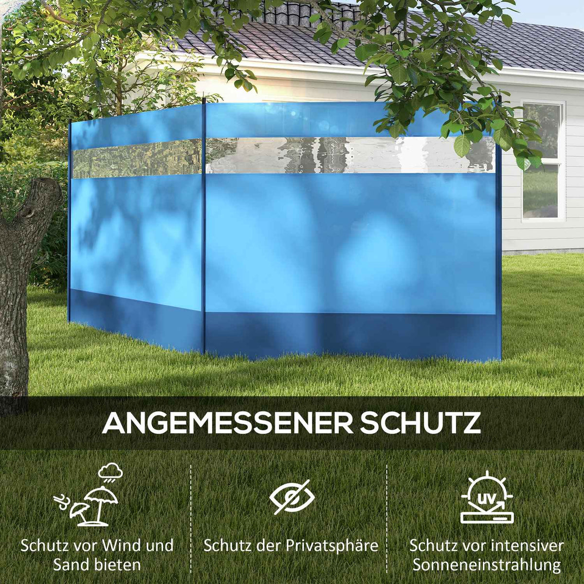 Wind protection foldable camping privacy screen with light source window pegs ropes windbreak fence beach wind protection beach protection for camping garden, beach, terrace 440 x 140 cm blue