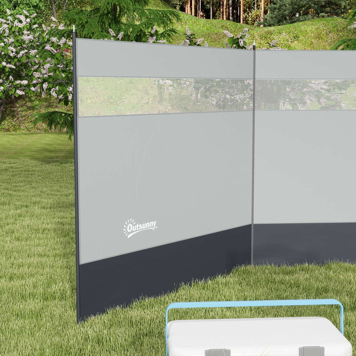 Wind protection foldable camping privacy screen with light source window pegs ropes windbreak fence beach wind protection beach protection for camping garden, beach, terrace 440 x 140 cm gray