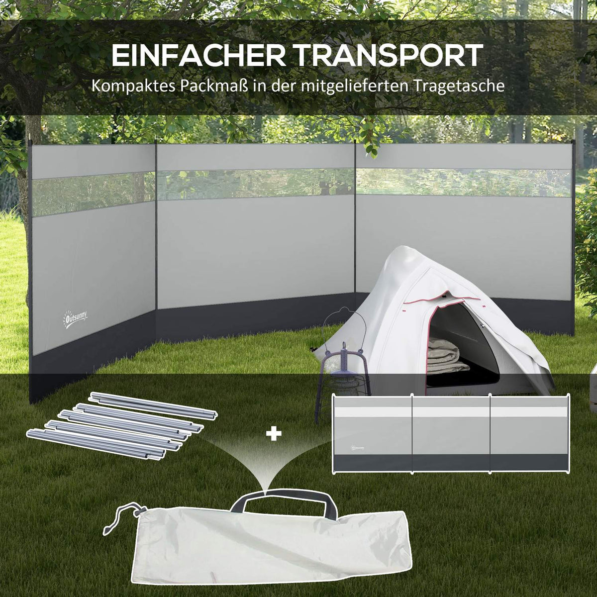 Wind protection foldable camping privacy screen with light source window pegs ropes windbreak fence beach wind protection beach protection for camping garden, beach, terrace 440 x 140 cm gray