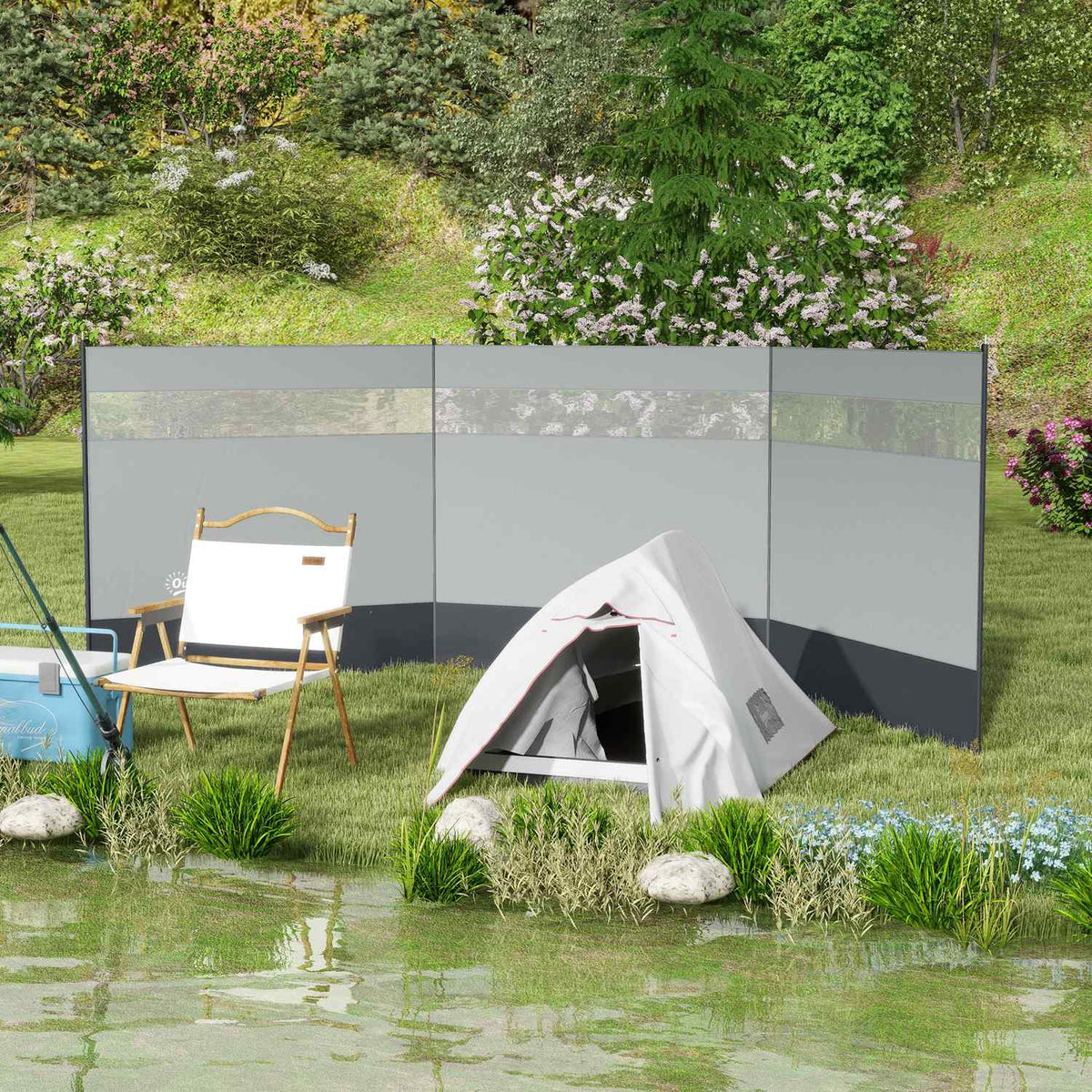 Wind protection foldable camping privacy screen with light source window pegs ropes windbreak fence beach wind protection beach protection for camping garden, beach, terrace 440 x 140 cm gray
