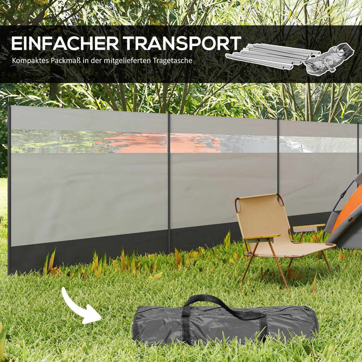 Wind protection foldable camping privacy screen with light source window pegs ropes windbreak fence beach wind protection beach protection for camping garden, beach, terrace 725 x 140 cm gray