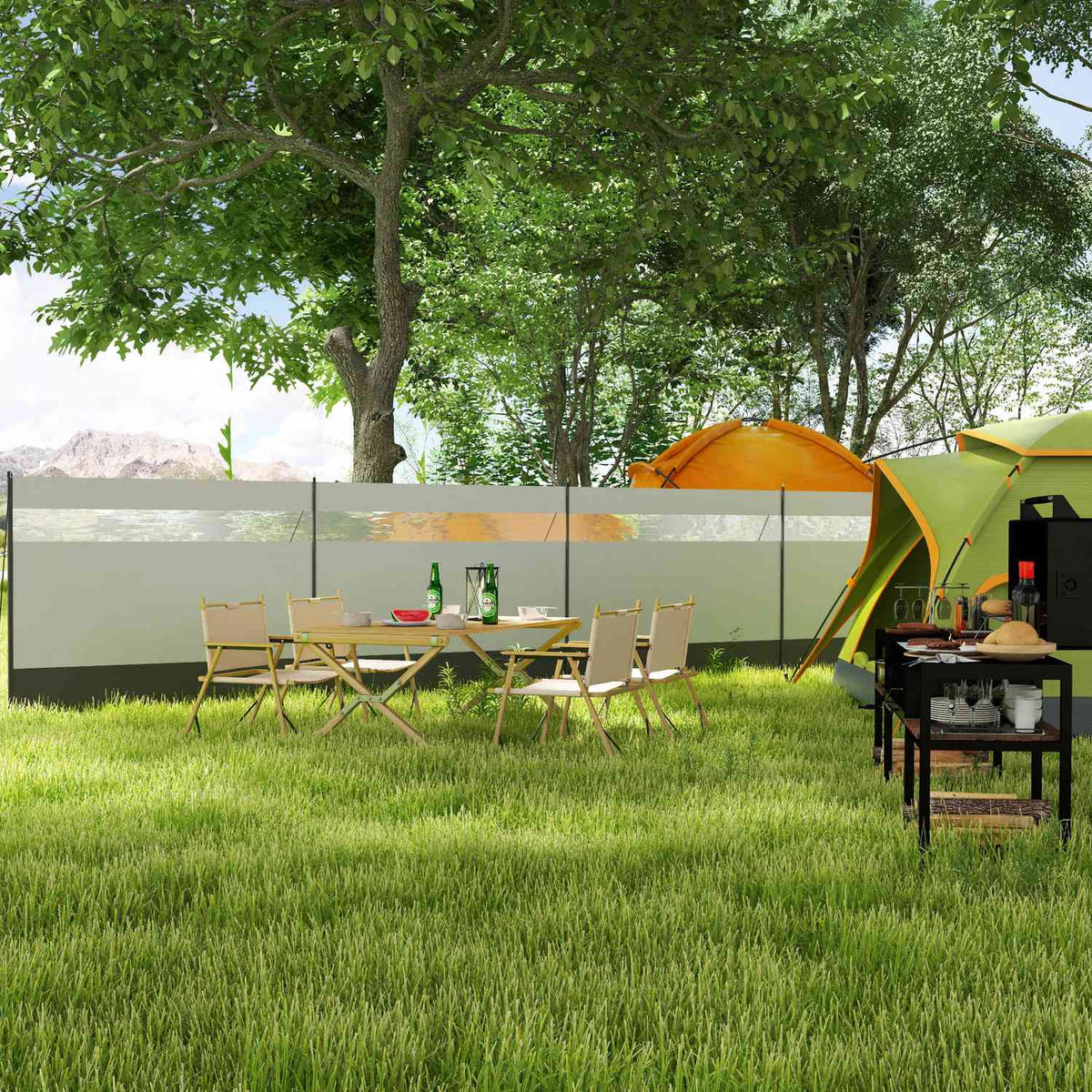 Wind protection foldable camping privacy screen with light source window pegs ropes windbreak fence beach wind protection beach protection for camping garden, beach, terrace 725 x 140 cm gray