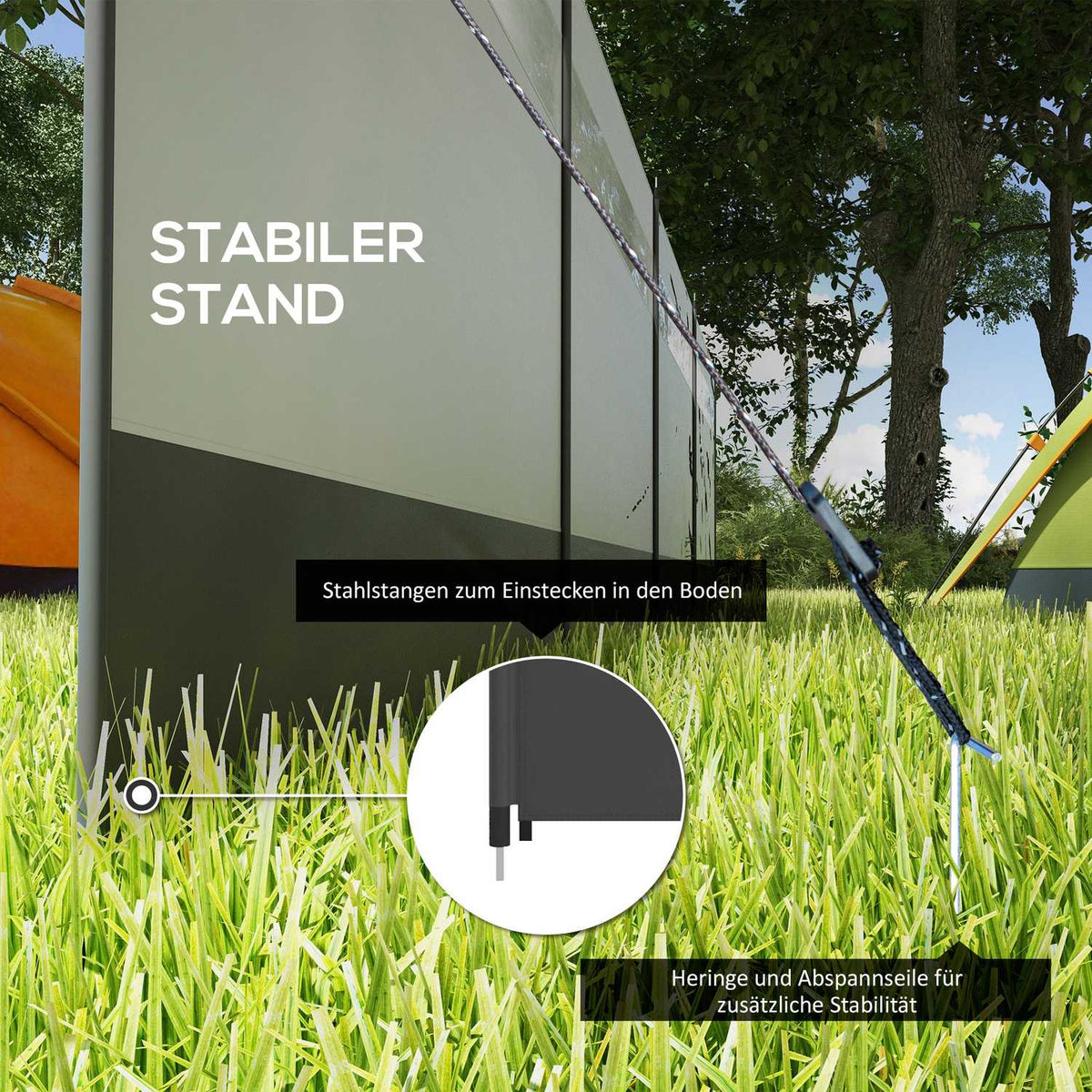 Wind protection foldable camping privacy screen with light source window pegs ropes windbreak fence beach wind protection beach protection for camping garden, beach, terrace 725 x 140 cm gray