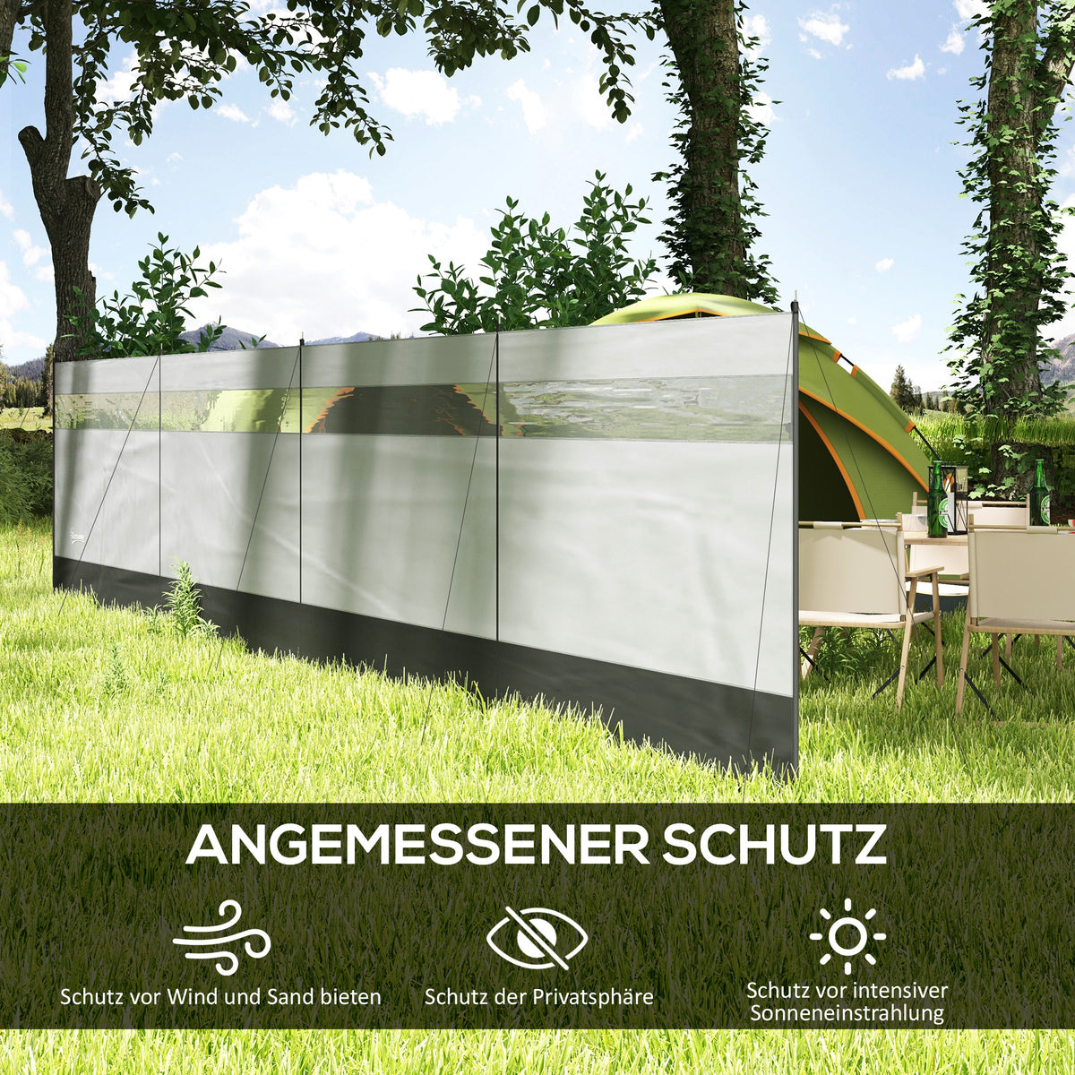 Wind protection foldable camping privacy screen with light source window pegs ropes windbreak fence beach wind protection beach protection for camping garden, beach, terrace 725 x 140 cm gray