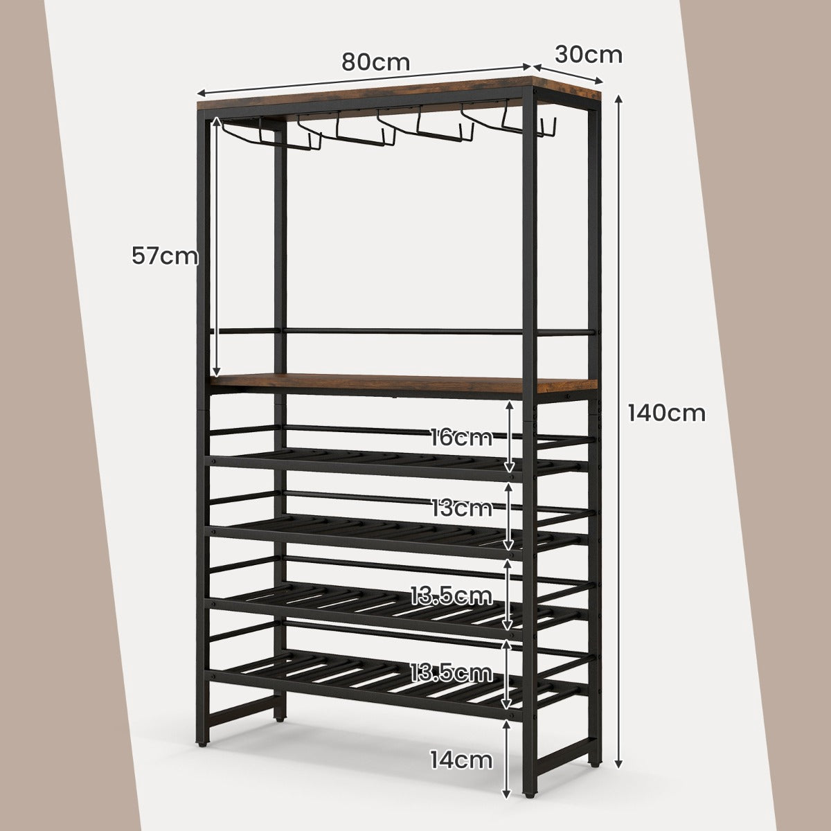Wine Bakers Rack, 4-Tier Storage, Stemware Holder
