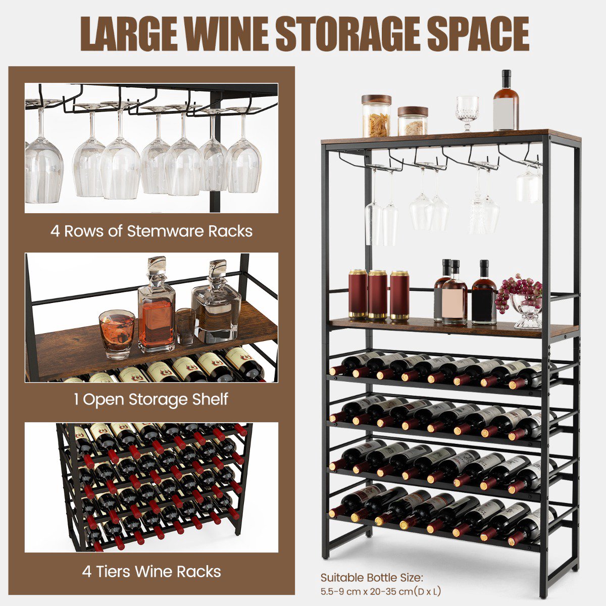 Wine Bakers Rack, 4-Tier Storage, Stemware Holder