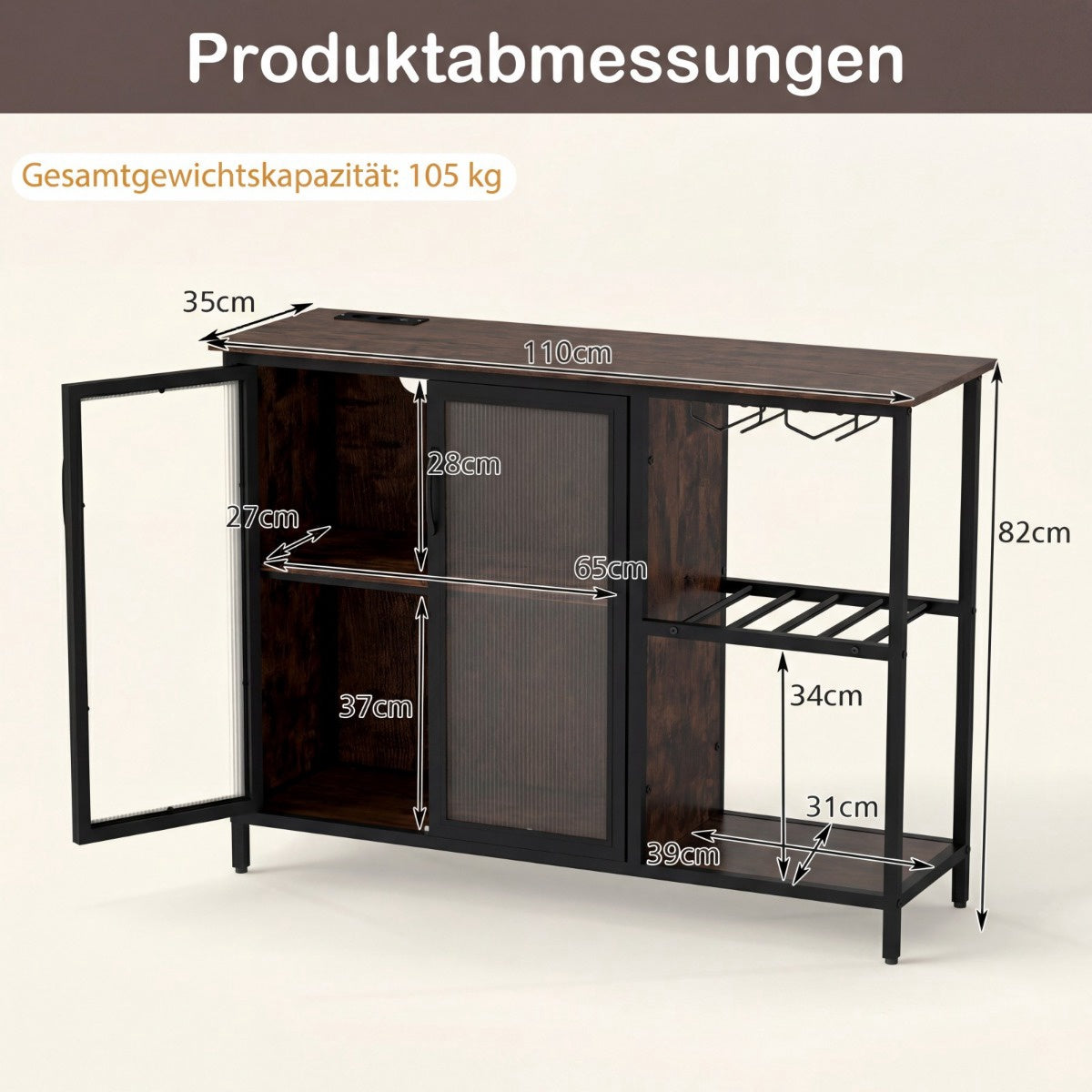 Wine Cabinet with LED Lighting, Glass Holder, and Charging Ports