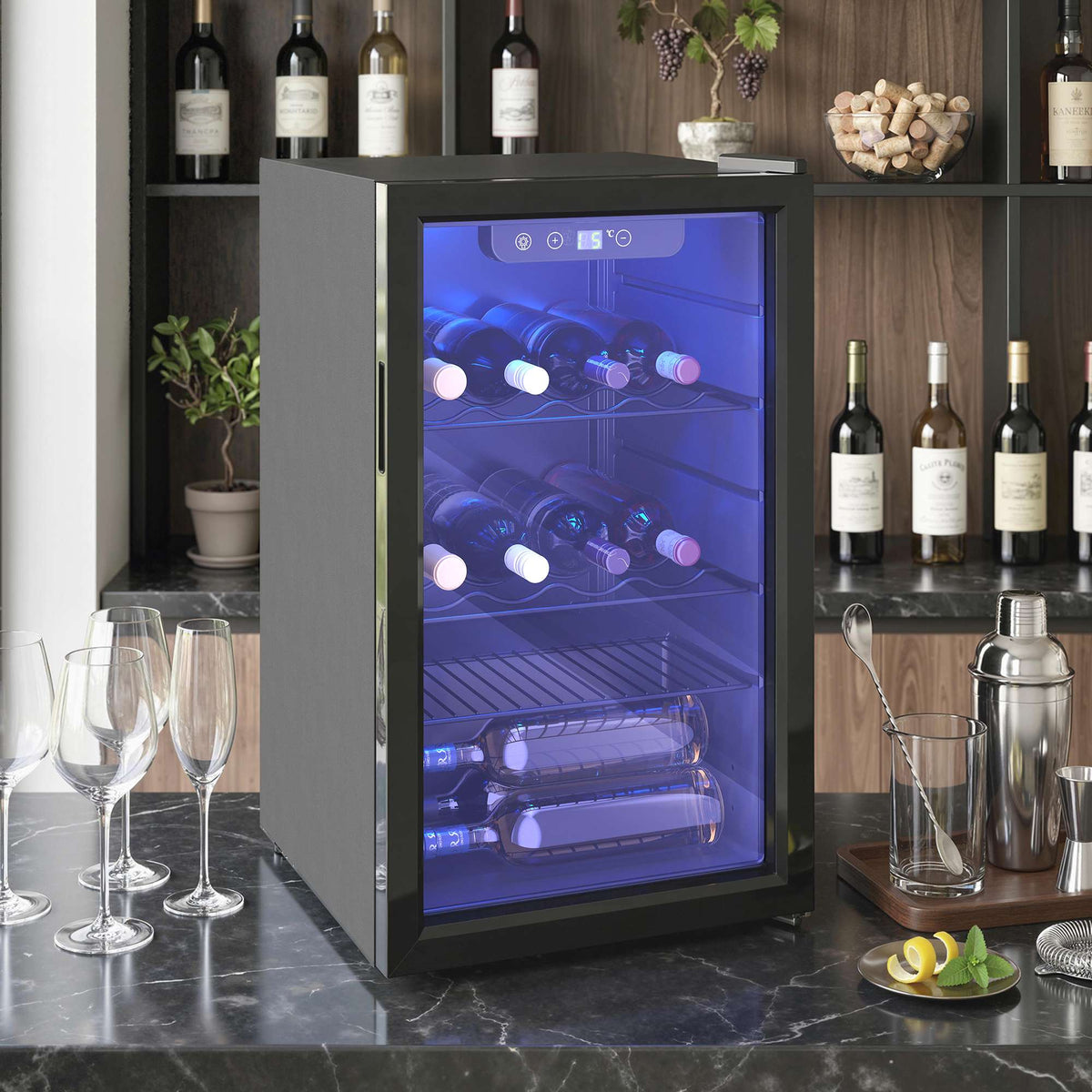 Wine Cooler, 24 Bottles, 68L, 4–16C, Glass Door, Black