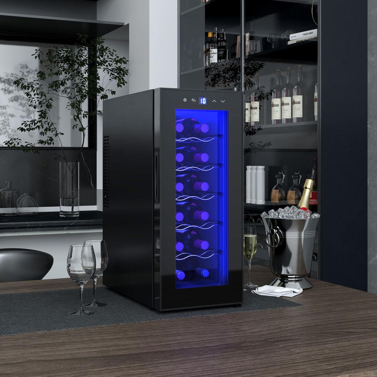 Wine Fridge 12 Bottles 30L 8-18℃ Double Thermoelectric Bottle Fridge with Glass Door, Drinks Fridge with LED Light, Small Wine Cabinet with Touch Screen Black