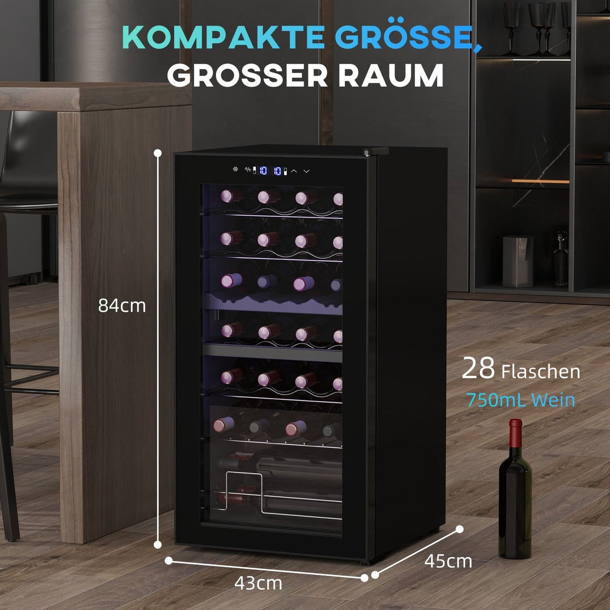 Wine Fridge 2 Zones 28 Bottles 74L 5-18℃ Compressor Drinks Fridge with LED Light, Anti-UV Glass Door, Small Wine Cabinet Bottle Fridge with Touch Screen Black
