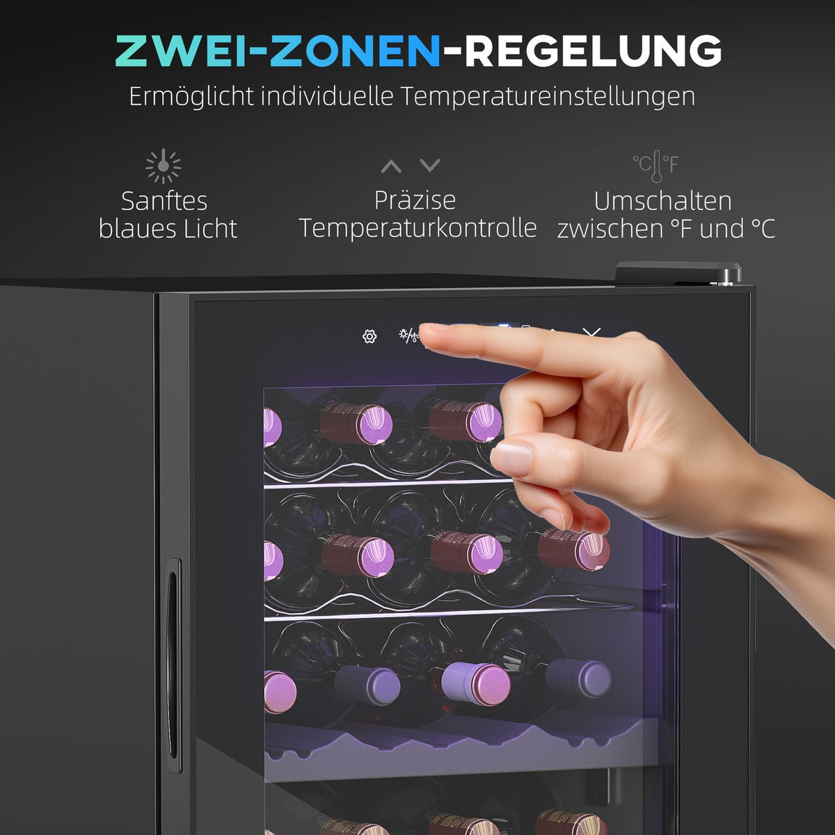 Wine Fridge 2 Zones 28 Bottles 74L 5-18℃ Compressor Drinks Fridge with LED Light, Anti-UV Glass Door, Small Wine Cabinet Bottle Fridge with Touch Screen Black